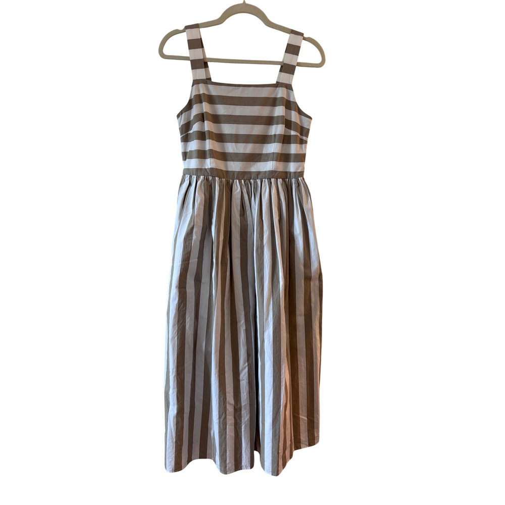 Ann Mashburn Striped‎ Cotton Midi Dress Tan White Sleeveless S40318 Small